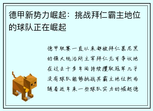 德甲新势力崛起：挑战拜仁霸主地位的球队正在崛起