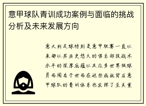 意甲球队青训成功案例与面临的挑战分析及未来发展方向