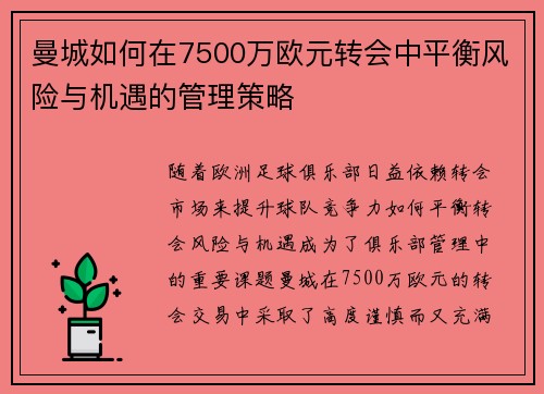 曼城如何在7500万欧元转会中平衡风险与机遇的管理策略