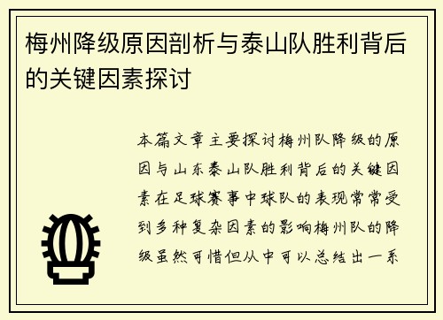 梅州降级原因剖析与泰山队胜利背后的关键因素探讨