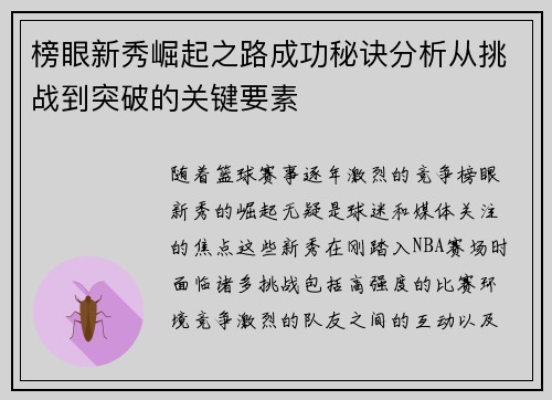榜眼新秀崛起之路成功秘诀分析从挑战到突破的关键要素