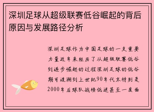 深圳足球从超级联赛低谷崛起的背后原因与发展路径分析
