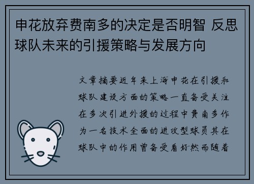 申花放弃费南多的决定是否明智 反思球队未来的引援策略与发展方向