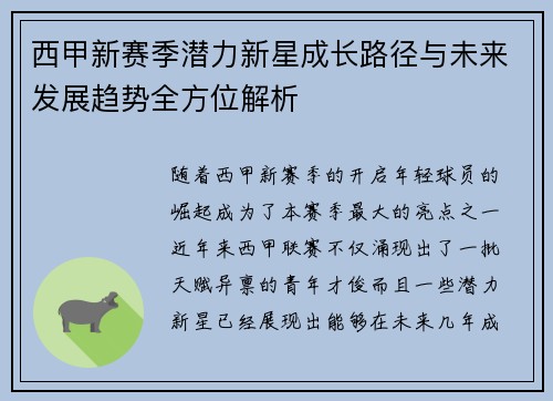 西甲新赛季潜力新星成长路径与未来发展趋势全方位解析